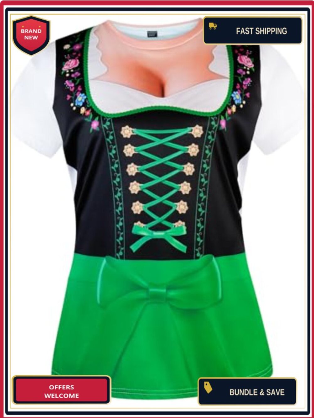 Womens Oktoberfest Costume T-Shirt 3D Dirndl Dress Pattern Short Sleeve